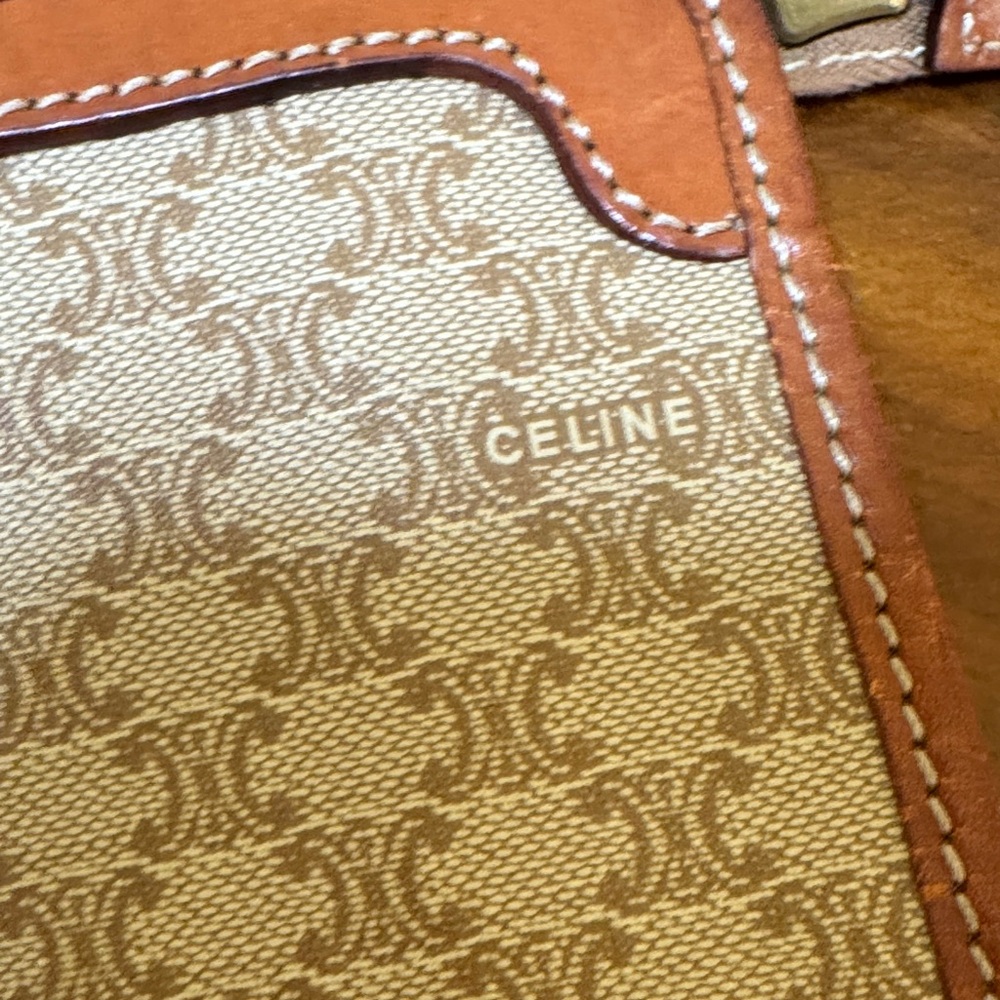 Celine Triumph Logo Clutch Leather Trim Vintage Beige & Brown Bag - Picture 10 of 16